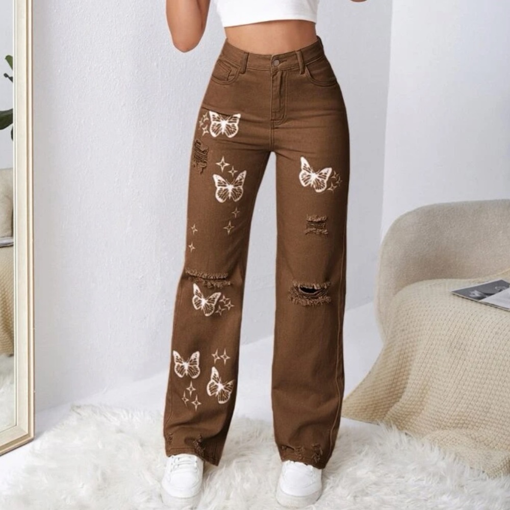 Brown Butterfly Jeans with Rips